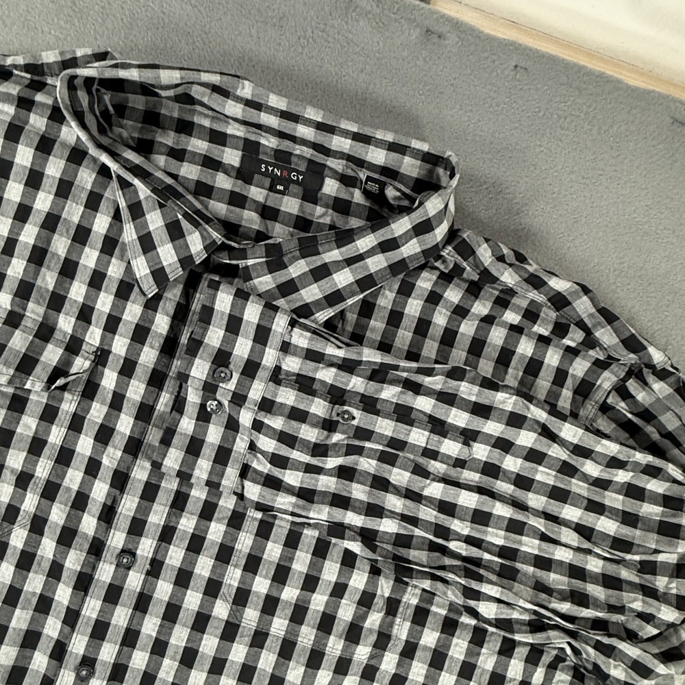SYNRGY Mens Long Sleeve Button Up Shirt 6XL Black White Check Big and Tall